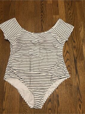 Source Unknown White and Black Striped One-Piece Swimsuit